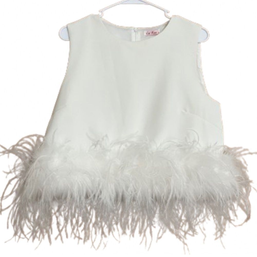 Big Girls’/Women’s Stylish White Crop Top with Feathers Around the Hem Sz-S